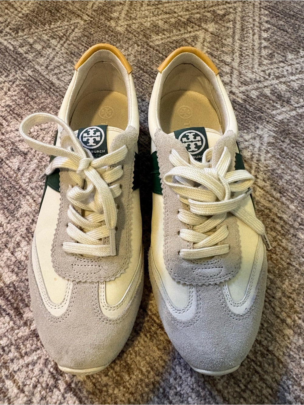Tory Burch Cream Canvas Sneakers with Dark Green Accent